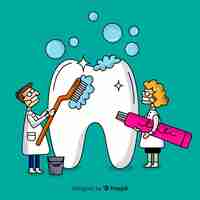 Free vector dentist cleaning big tooth cartoon background