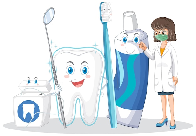 Dentist and dental cleaning equipment on white background