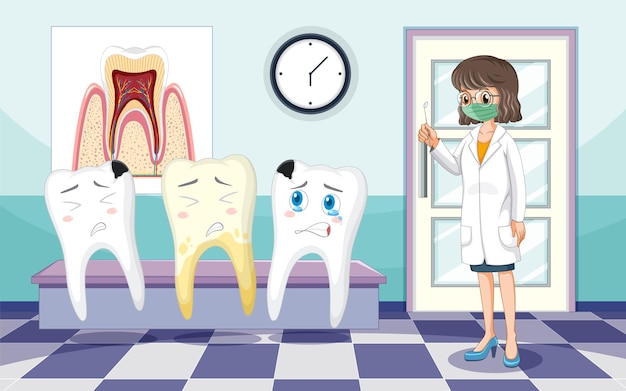 Free vector dentist and different teeth condition in clinic