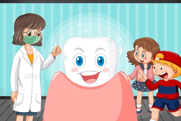 Dentist examining tooth with kids on white background