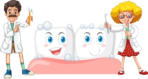 Free vector dentist holding dental cleaning equipment with big teeth on whi