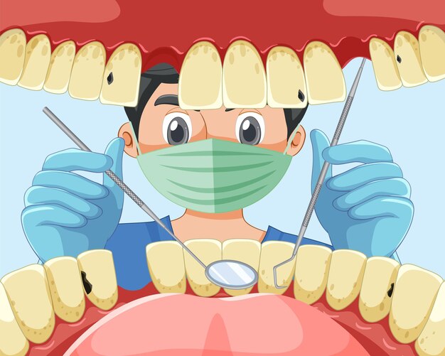 Стоматолог держит инструменты для изучения зубов пациента внутри человека