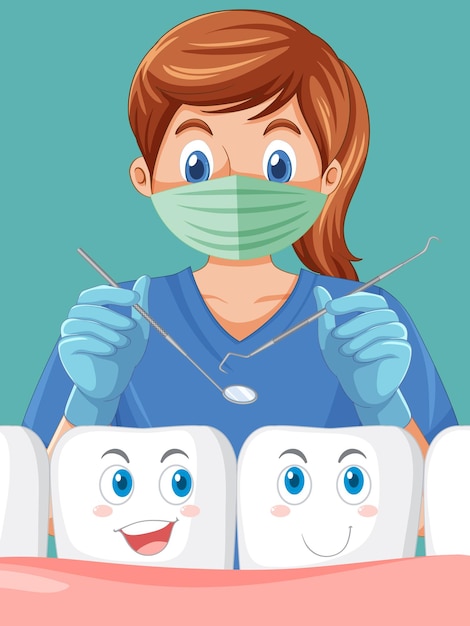 Dentist holding instruments and examining teeth on green backgro