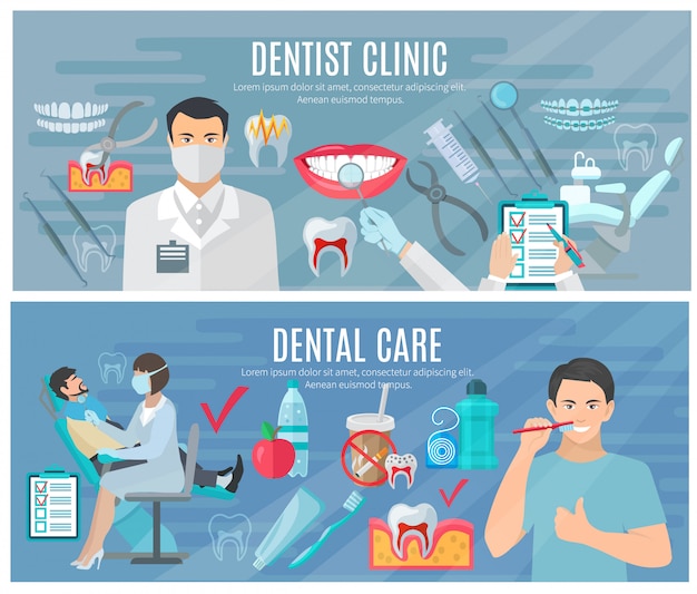Dentist horizontal banners set with clinic and dental care symbols