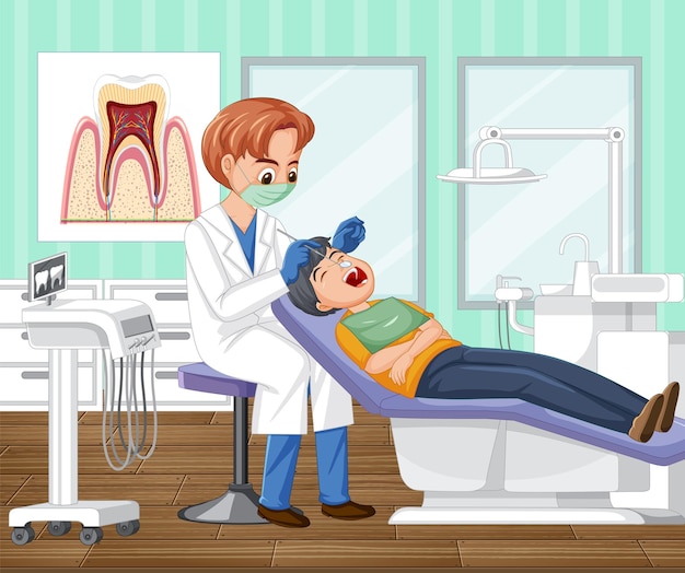 Стоматолог осматривает зубы пациента в клинике