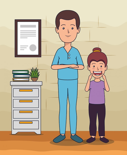 Free vector dentist man with patient girl and teeth care