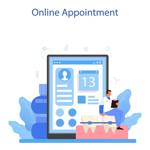 歯科医のオンラインサービスまたはプラットフォーム人間の歯を均一に治療する歯科医歯科および口腔衛生のアイデアオンライン予約フラットベクトル図