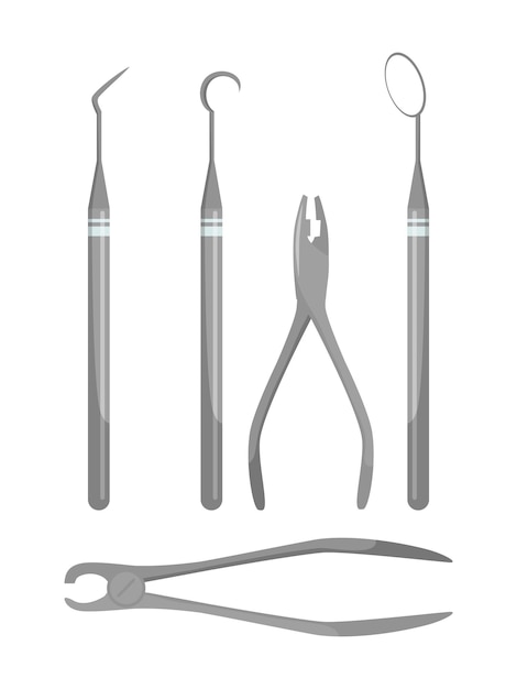Бесплатное векторное изображение Стоматологические инструменты и стоматологические инструменты, набор стоматологических инструментов, зеркало для рта, пародонтолог, скейлер, щипцы для удаления зубов, плоскогубцы, ножницы, уход за зубами
