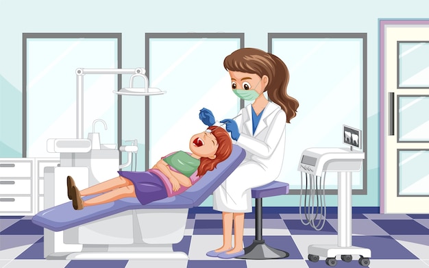 Женщина-дантист осматривает зубы пациента в клинике
