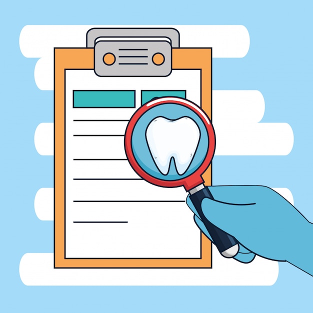 Dentistry diagnosis with medicine treatment and magnifying glass