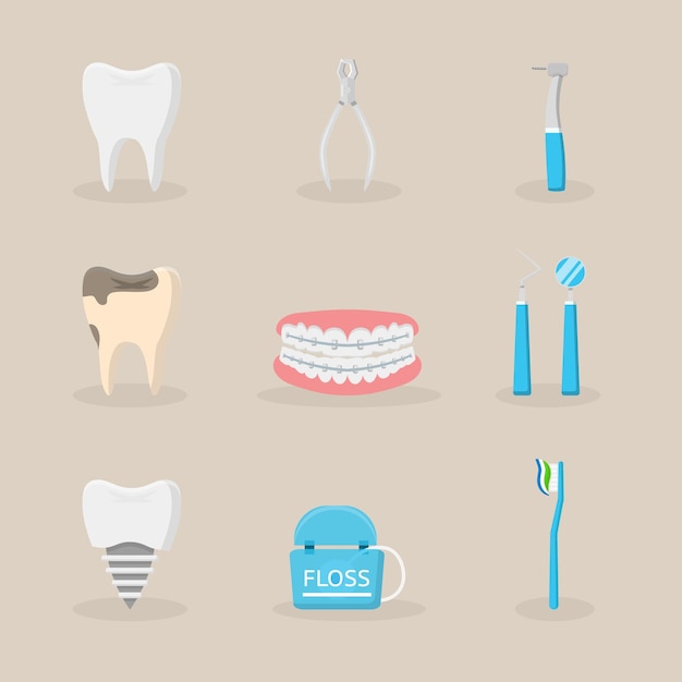 歯科用アイテムセット腐った健康な歯のフロス歯ブラシと歯磨き粉の口腔病学ツール器具機器