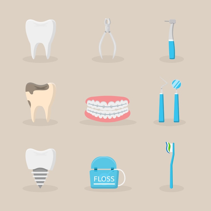 Free Vector dentistry items set rotten and healthy teeth floss toothbrush with toothpaste stomatology tools instruments equipment
