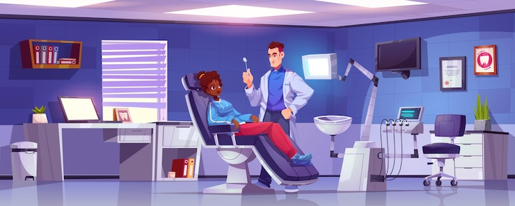 Modern dental office with dentist and patient