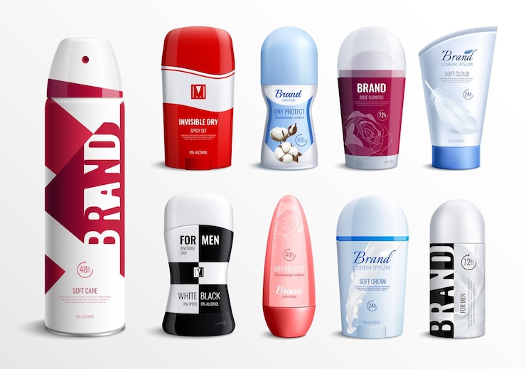 Free Vector deodorant bottles advertising set of different shapes and brand in realistic  isolated