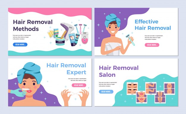 Depilation horizontal banners set with hair removal methods flat isolated vector illustration