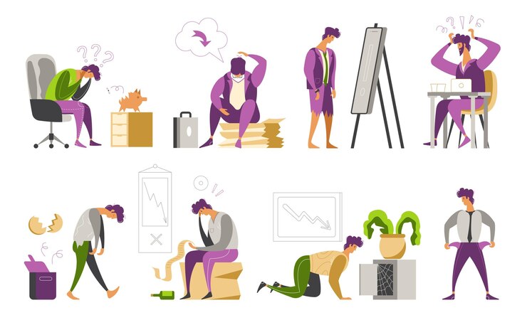 मुफ़्त वेक्टर depressed loser businessman with empty pockets flat icons set isolated vector illustration