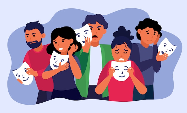 Free vector depressed people holding face masks and hiding emotions
