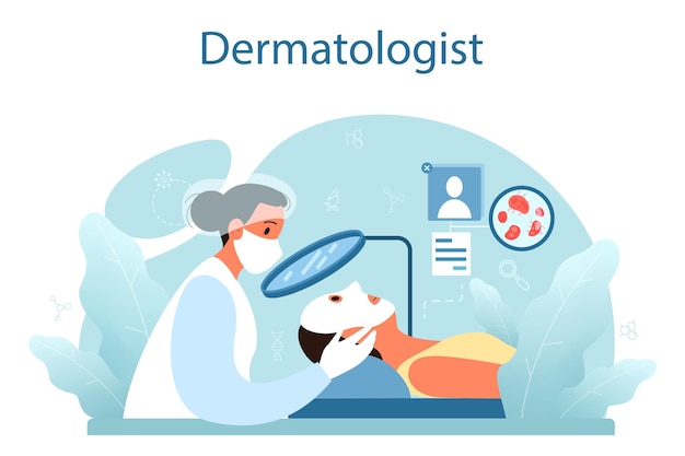 Dermatologist concept Dermatology specialist face skin or acne treatment Idea of beauty and health Skin epidermis scheme Vector illustration in cartoon style