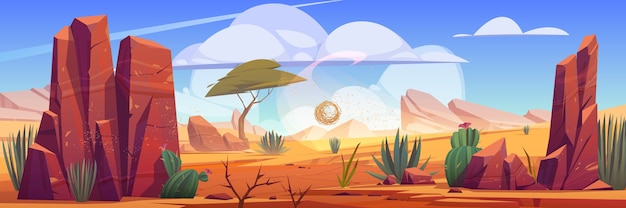 Free vector desert of africa natural landscape with tumbleweed rolling along hot dry deserted african nature