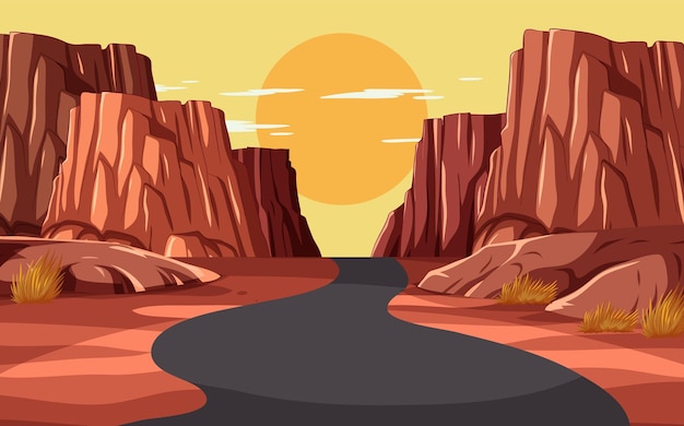 Vettore gratuito desert canyon road al tramonto