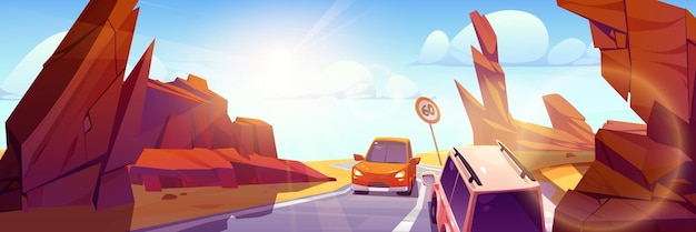 Vettore gratuito traffico stradale automobilistico nel deserto nell'illustrazione dei cartoni animati del canyon autostrada vettoriale nel paesaggio roccioso caldo il turismo guida l'asfalto in un'avventura automobilistica nella valle di pietra con raggi di sole nel cielo blu