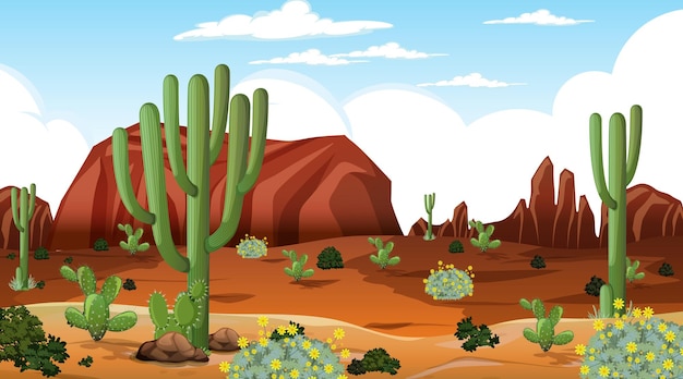 Vettore gratuito paesaggio della foresta del deserto alla scena diurna con molti cactus