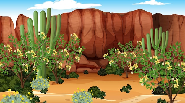 Free vector desert forest landscape at daytime scene with many cactuses