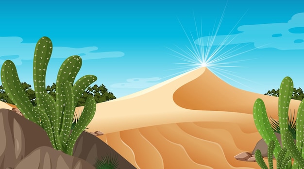 Free vector desert forest landscape at daytime scene with many cactuses