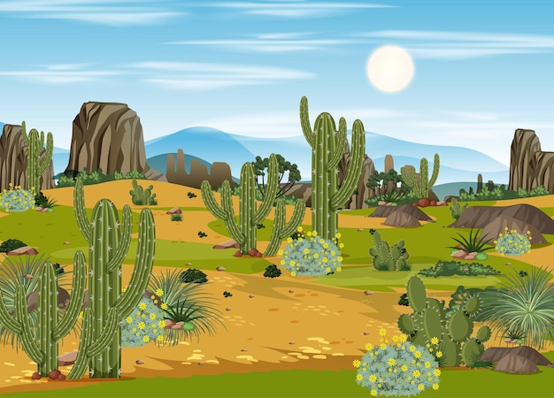 Paesaggio della foresta del deserto alla scena diurna con molti cactus