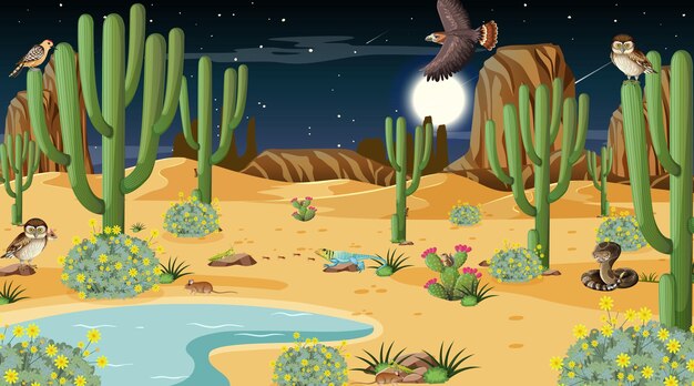 Desert forest landscape at night scene with desert animals and\
plants