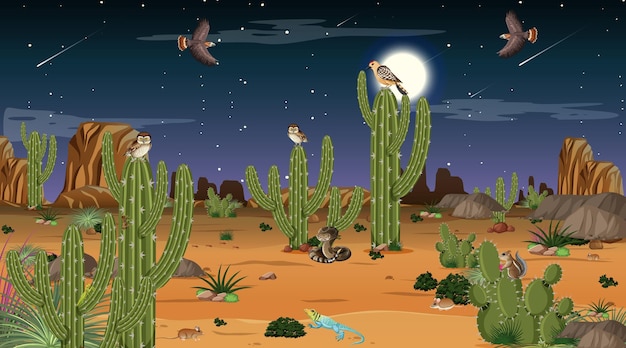 Desert forest landscape at night scene with desert animals and plants