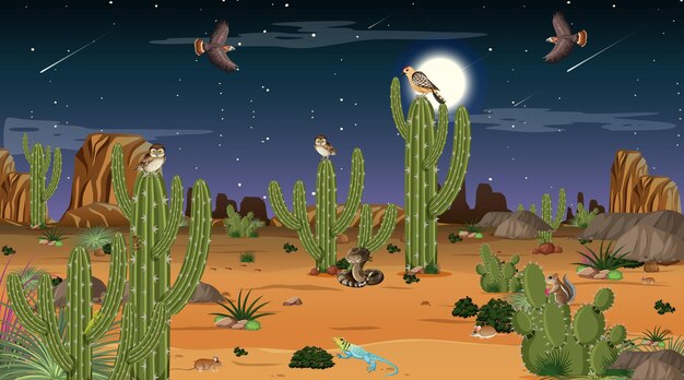 砂漠の動植物と夜のシーンで砂漠の森の風景
