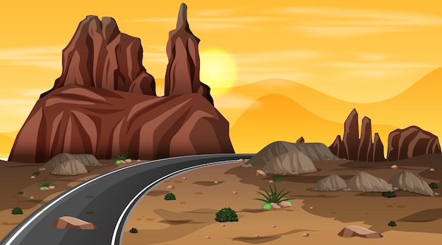 Free vector desert forest landscape at night scene with long road