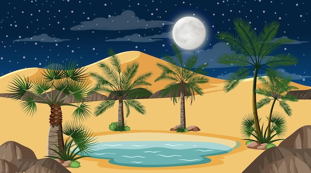 Desert forest landscape at night scene with small oasis