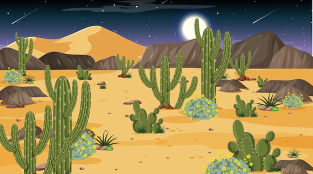 Vettore gratuito paesaggio della foresta del deserto alla scena notturna