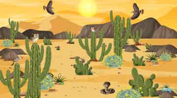 Free vector desert forest landscape at sunset scene with desert animals and plants