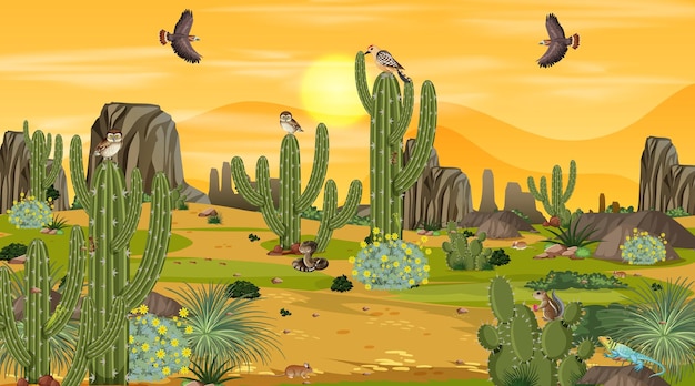 Desert forest landscape at sunset scene with desert animals and
plants