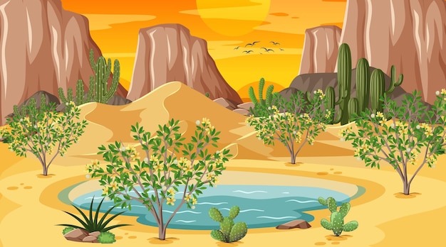 Paesaggio della foresta del deserto alla scena del tramonto con oasi