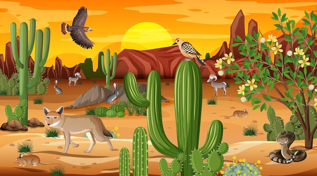 Desert forest landscape at sunset time scene with wild animals