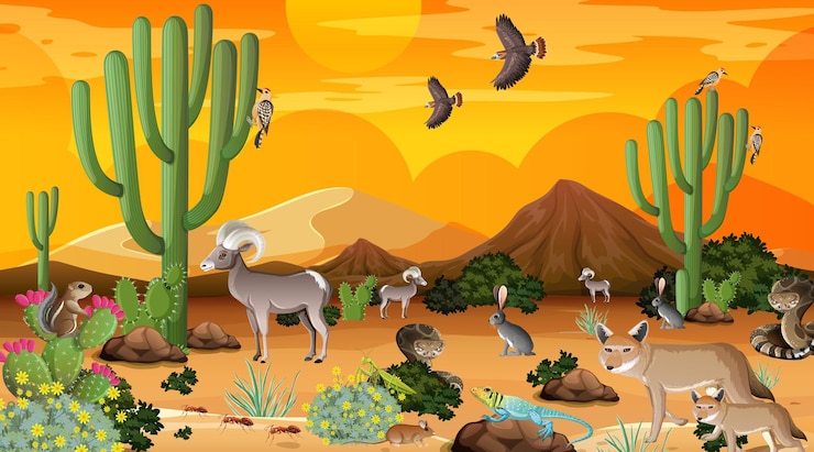 Free Vector desert forest landscape at sunset time scene with wild animals