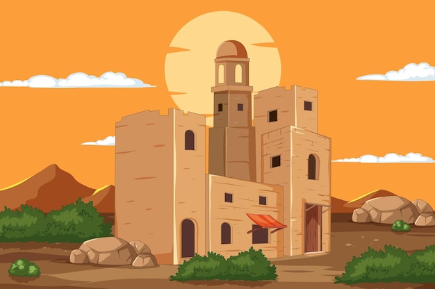 Illustrazione della fortezza al tramonto nel deserto