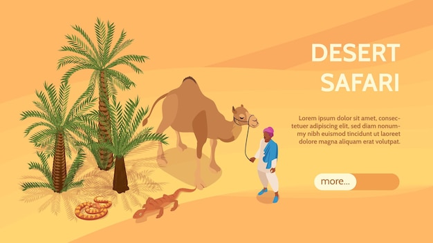 Desert isometric horizontal banner with palm trees snake lizard and bedouin leading camel vector illustration