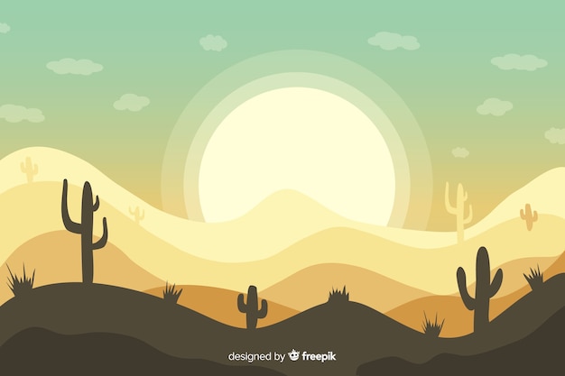 Free vector desert landscape background with cactus and sun