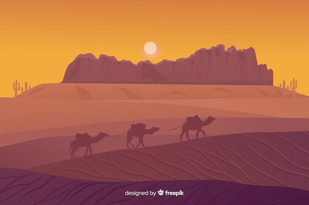 Desert landscape background with camels 