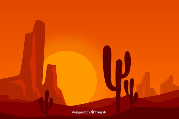 Пустынный пейзаж с кактусом и солнцем