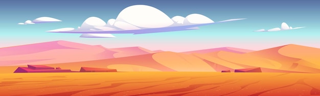 Free vector desert landscape with golden sand dunes and stones under blue cloudy sky. hot dry deserted african or mexican nature background with yellow sandy hills parallax scene, cartoon vector illustration