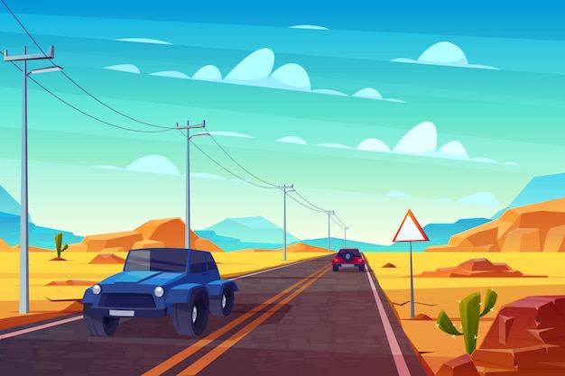 Free vector desert landscape with long highway and cars ride along asphalt road with sign and wires.