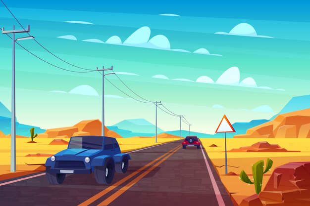 Пустынный пейзаж с длинным шоссе и автомобили едут по асфальтированной дороге с знак и провода.