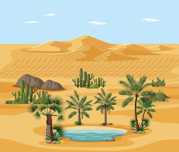 Vettore gratuito paesaggio del deserto con scena di elementi dell'albero della natura