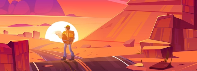 Free vector desert landscape with orange rocks road and hiker man on background of evening sun vector cartoon il...